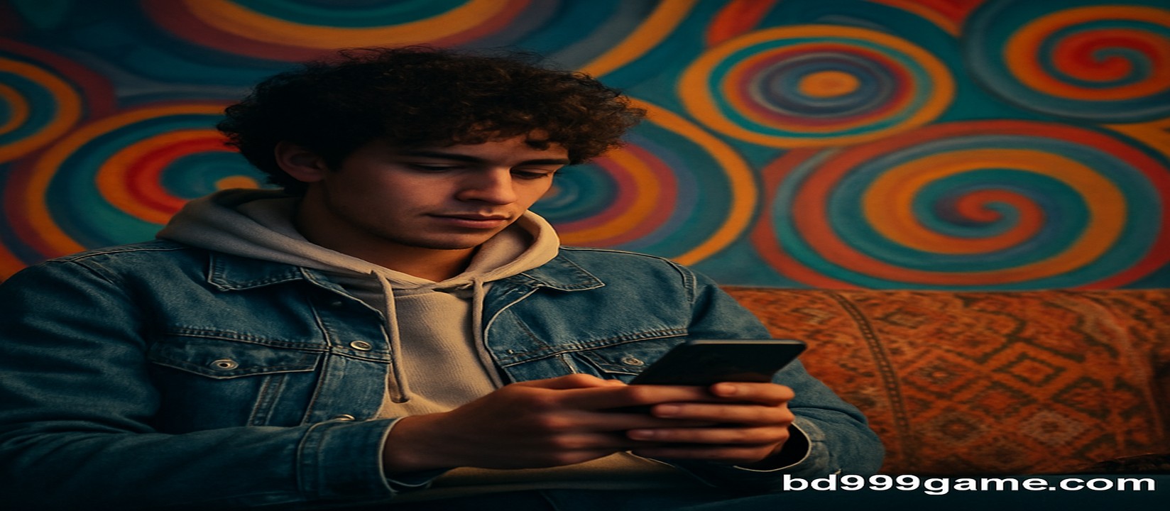 সোফায় আরাম করে বসে bd999 game অ্যাপটি ব্যবহার করছেন একজন ব্যক্তি