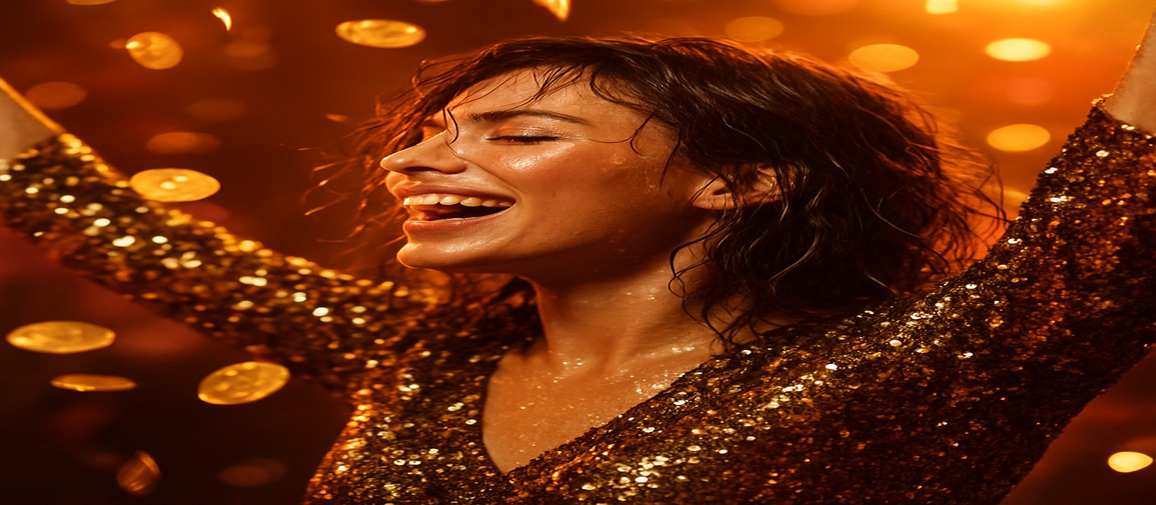 এভিয়েটর গেমে জয়ের আনন্দে উদ্দীপিত এক নারী, চারপাশে উড়ে বেড়াচ্ছে স্বর্ণমুদ্রা