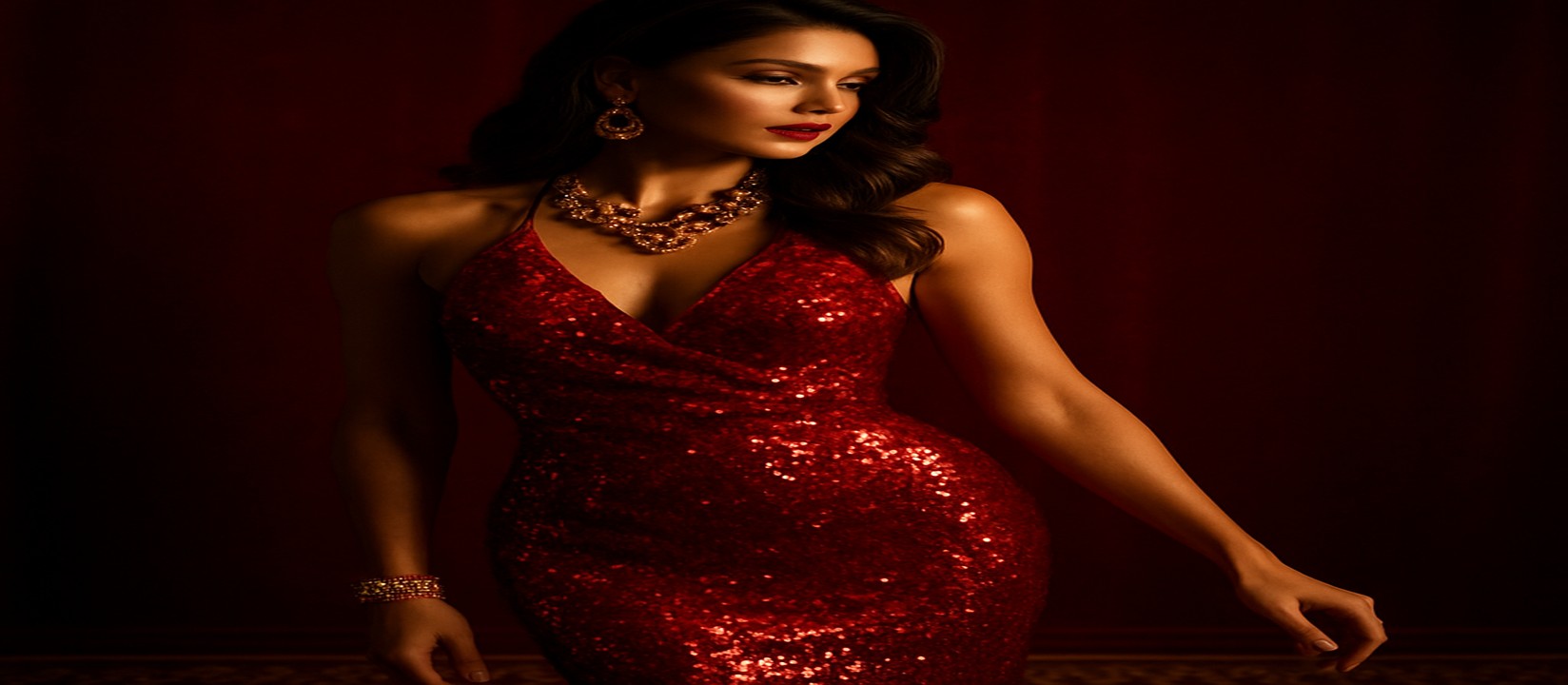 গেমিং প্ল্যাটফর্মের টেবিলে লাল পোশাকে সজ্জিত একজন নারী গেম অপারেটর