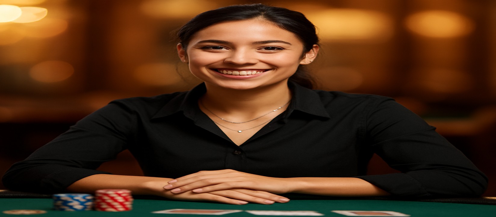একটি হাসিখুশি মেয়ে উপস্থাপিকা একটি কার্ড টেবিলে বসে আছেন, সামনে খেলার টুকরো ও কার্ডসহ, bd999 game-এ খেলার বিস্তৃত পরিসর উপস্থাপন করছেন