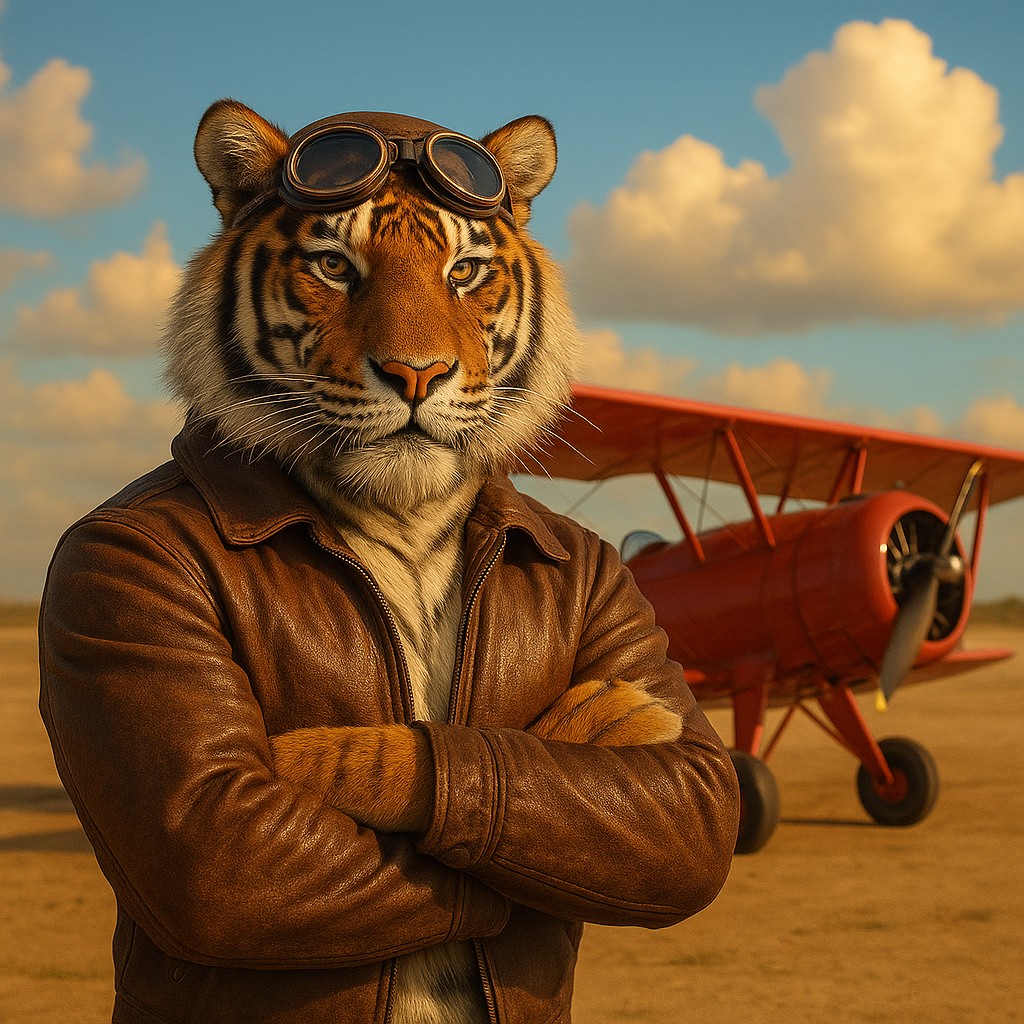 এভিয়েটর গেমের প্রতীক হিসেবে লাল বিমানের পাশেই দাঁড়িয়ে থাকা টাইগার পাইলট