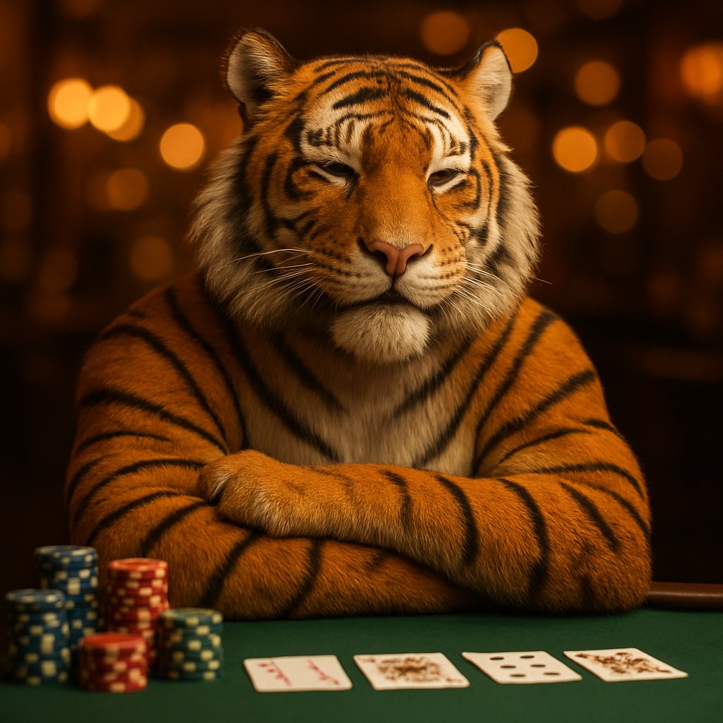 bd999 game গেমিং প্ল্যাটফর্মে একটি হাসিখুশি টাইগার শাবক একটি গেম টেবিলে চিপস নিয়ে বসে আছে