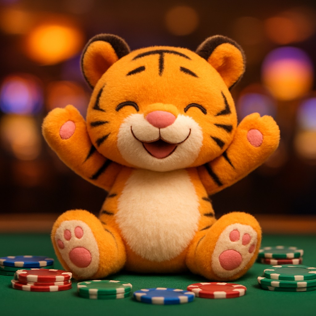 একটি ছোট বাঘের শাবক একটি টেবিলে খেলার টুকরোসহ বসে আছে।