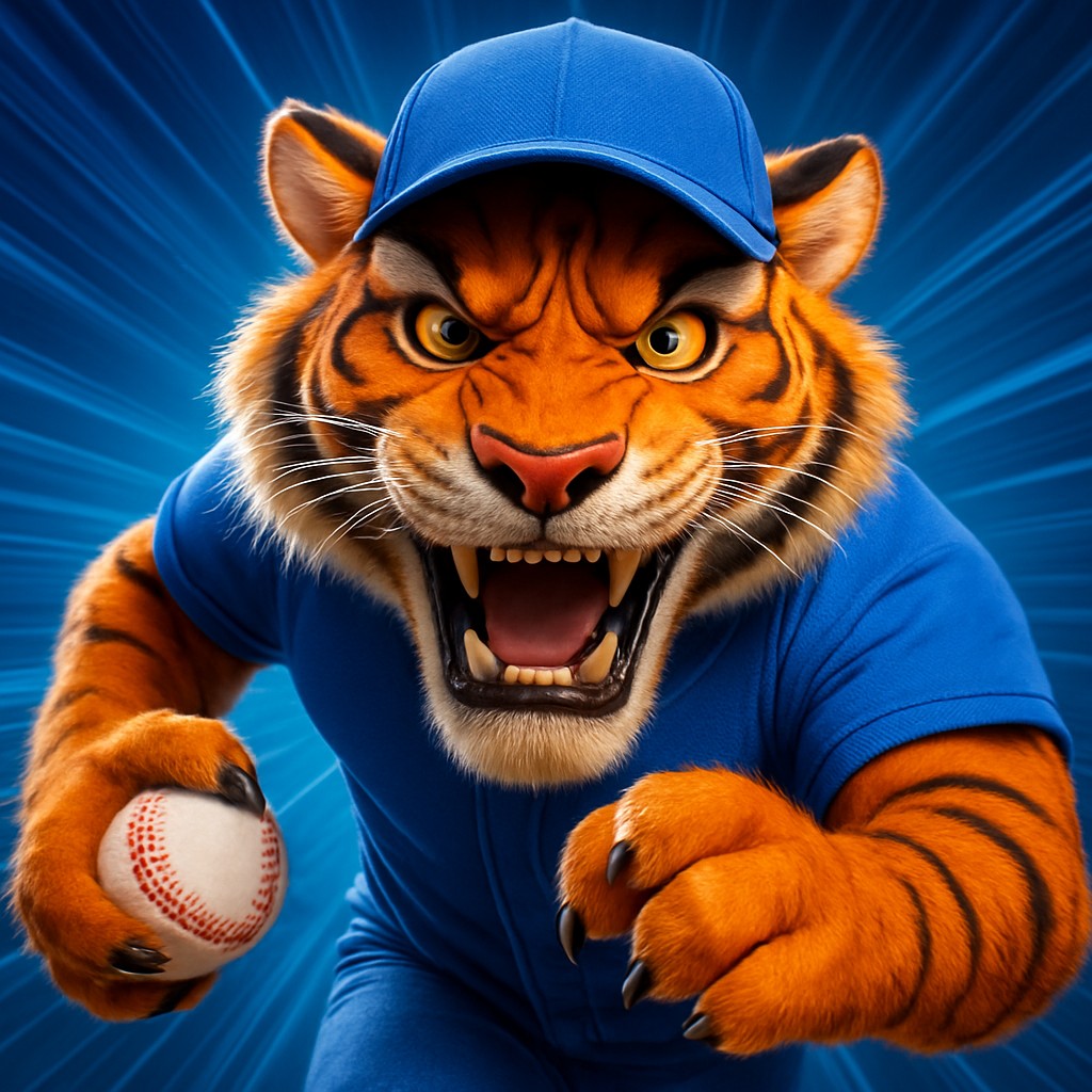 ক্রিকেট গেমিংয়ের প্রতীক হিসেবে bd999 game—হাতে বল ধরে ইউনিফর্ম পরা একটি হাসিখুশি টাইগার শাবক