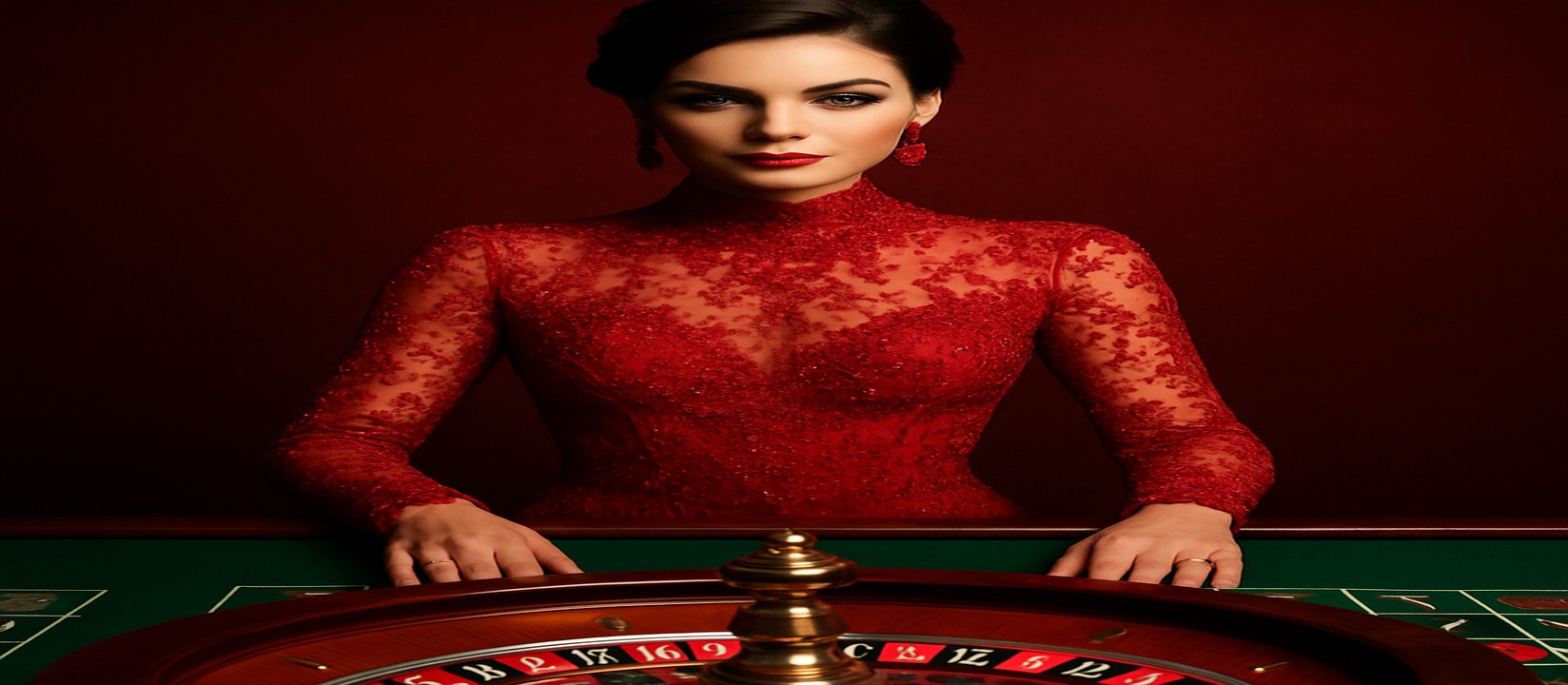লাল পোশাকে এক আকর্ষণীয় নারী bd999 game-এ দ্রুত ও নিরাপদ লগইনের ইঙ্গিত দিচ্ছেন খেলার টেবিলটির পাশে