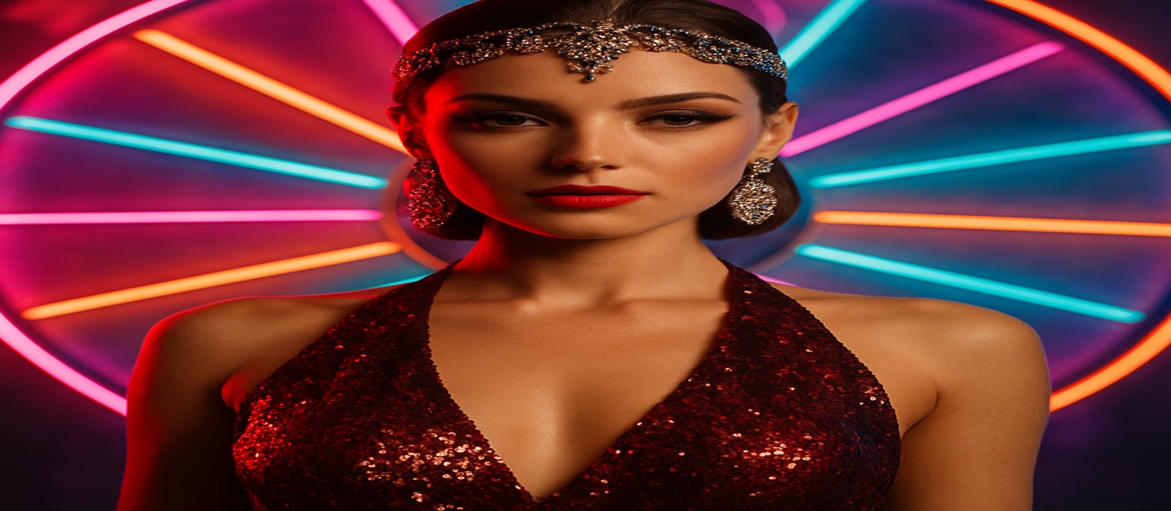 চাকার সামনে উজ্জ্বল পোশাকে একটি নারী, রঙিন গেমিং প্ল্যাটফর্ম