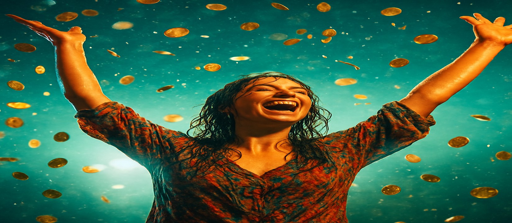 মুদ্রার প্রবাহে রঙিন পোশাকে একটি নারী