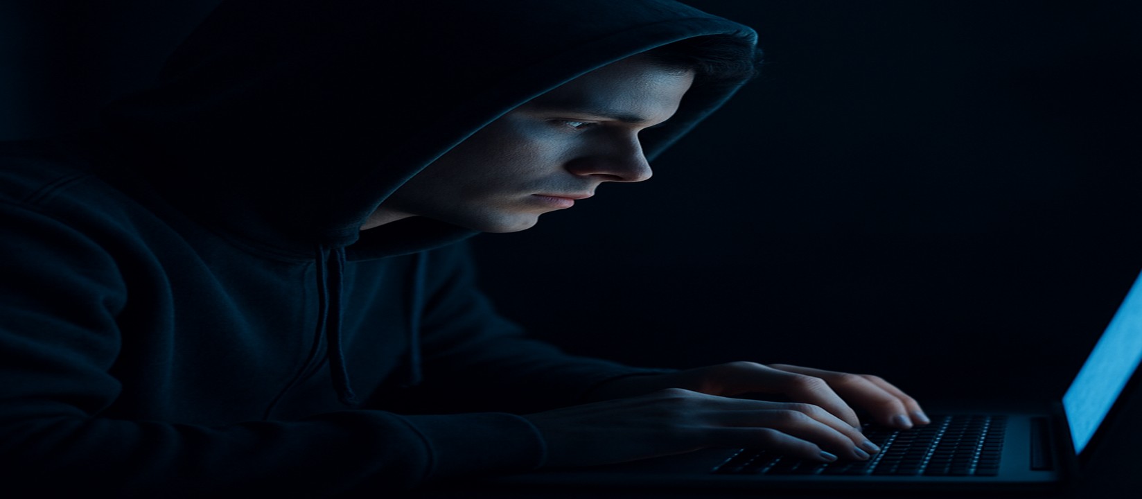 একজন ব্যক্তি অন্ধকার ঘরে ল্যাপটপ সামনে রেখে bd999 game ওয়েবসাইটে অনলাইন গেম খেলা করছেন